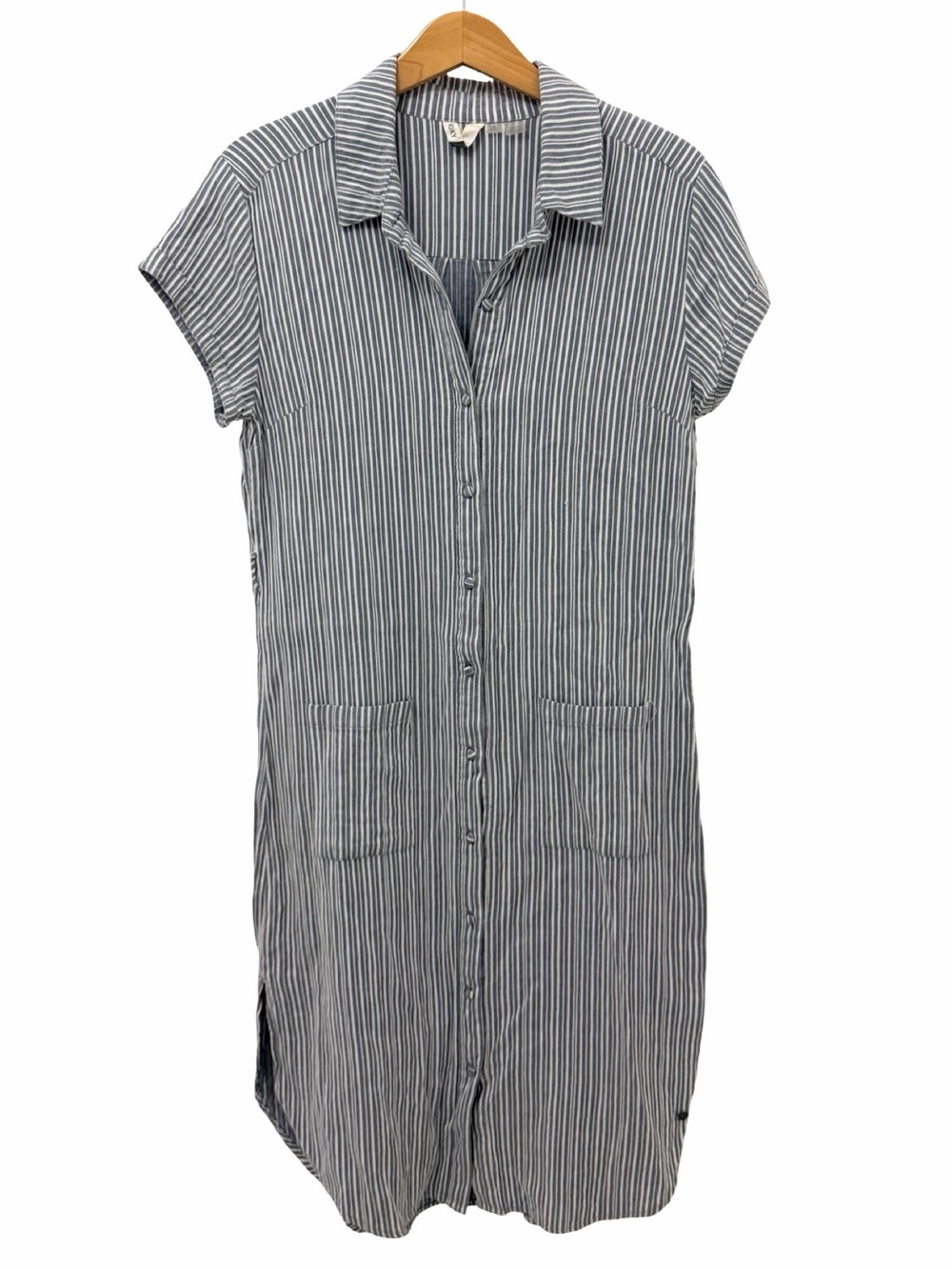 Roxy Gray White Striped Belted Button Down Short Sleeve Shirt Dress Pockets Med